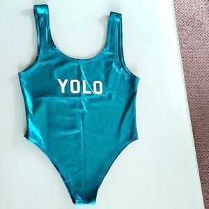  YOLO Cheeky Metallic One Piece Swim Suit Bought On Facebook New Size Large